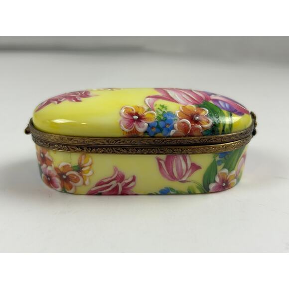 Rochard Limoges France Trinket Box Raised Floral Hand Painted Yellow Oval - Picture 5 of 14